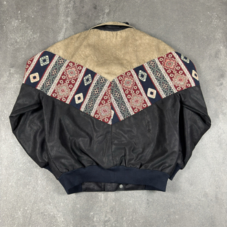 (M) Vintage Aztec Leather Sherpa Collar Western Bomber Jacket
