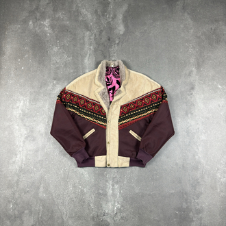 (S) Vintage Western Aztec Corduroy Panel Sherpa Bomber Jacket