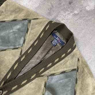 (XL) Vintage North Winds Leather Panel Argyle Cardigan