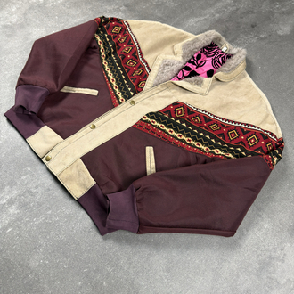 (S) Vintage Western Aztec Corduroy Panel Sherpa Bomber Jacket