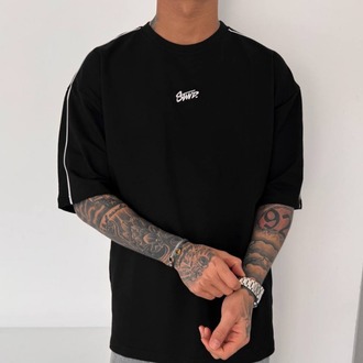 Bisiklet Yaka Oversize Stw Biyeli Tişört Siyah