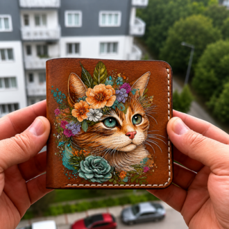 Helsinki Kedi Desenli El Yapımı Deri Cüzdan