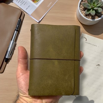Deri Defter Kılıfı, A6 Boyut, 3 Lastikli, Minimalist Tasarım, Olive