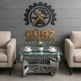 Motor Bloğundan El Yapımı Orta Sehpa –Cam Üstlü Endüstriyel Tasarım | Gürz Metal Craft