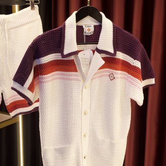 WHITE & PINK STRIPE SHORT SLEEVE CROCHET SHIRT
