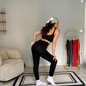 Siyah seamless askılı tayt Bra takımı 