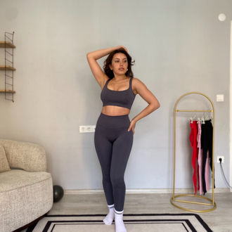Füme seamless askılı tayt Bra takımı