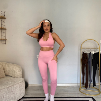 Pembe seamless askılı tayt Bra takım 