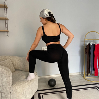 Siyah seamless askılı tayt Bra takımı 