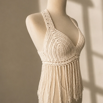 El Örgüsü Püsküllü Halter Yaka Büstiyer | Ekru Bohem Yazlık Crop