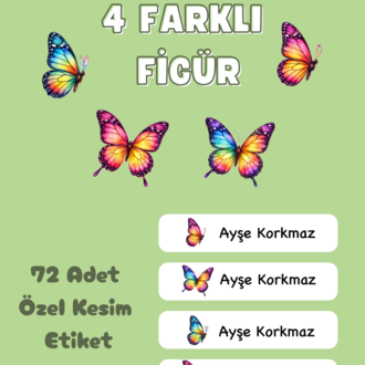72 Adet Kelebek Temalı Kişiye Özel Okul Etiketi İsim Yazılabilen Etiket Kalem Defter Etiket