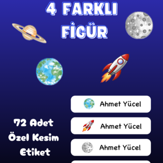 72 Adet Uzay Temalı Kişiye Özel Okul Etiketi İsim Yazılabilen Etiket Kalem Defter Etiket