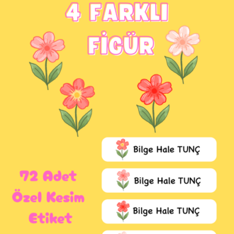 72 Adet Pembe Çiçek Temalı Kişiye Özel Okul Etiketi İsim Yazılabilen Etiket Kalem Defter