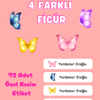 72 Adet Kelebek Temalı Kişiye Özel Okul Etiketi İsim Yazılabilen Etiket Kalem Defter Etiket