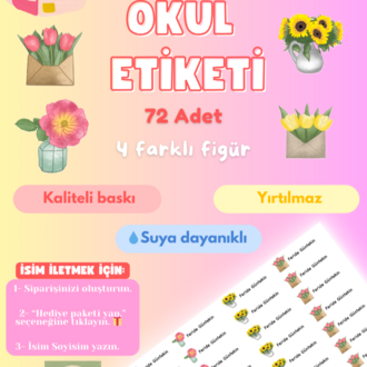 72 Adet Çiçekler Temalı Kişiye Özel Okul Etiketi İsim Yazılabilen Etiket Kalem Defter Etiket