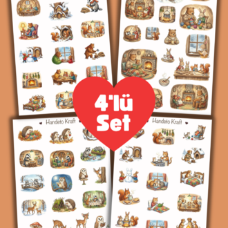4'lü Cozy Animal Sticker Seti, Planner Etiket, Çıkartma, Çoklu Sticker, Journal Sticker