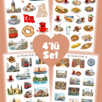 4'lü İstanbul Temalı Sticker Seti, Planner Etiket, Çıkartma, Çoklu Sticker, Journal Sticker