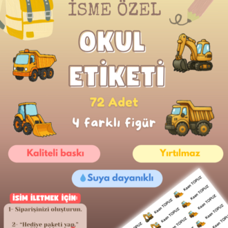72 Adet İnşaat Temalı Kişiye Özel Okul Etiketi İsim Yazılabilen Etiket Kalem Defter Etiket