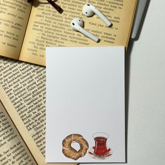 Simit ve çay temalı notepad /Çek kopar not defteri, A6 boyutu, 40 sf., Tutkallı bloknot
