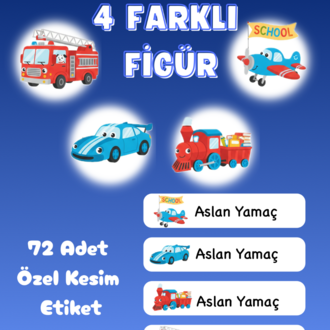 72 Adet Araba Temalı Kişiye Özel Okul Etiketi İsim Yazılabilen Etiket Kalem Defter Etiket