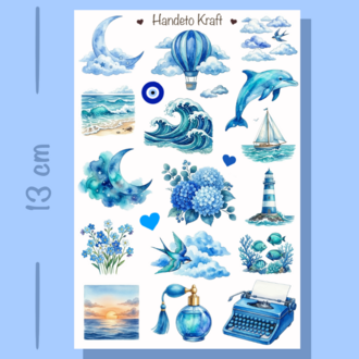 4'lü Blue Aesthetic Sticker Seti, Planner Etiket, Çıkartma, Çoklu Sticker, Journal Sticker