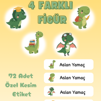 72 Adet Dinozor Temalı Kişiye Özel Okul Etiketi İsim Yazılabilen Etiket Kalem Defter Etiket