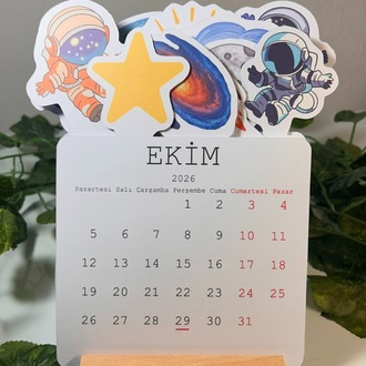 Uzay Temalı Ahşap Ayaklı Özel Tasarım Takvim 2026 Takvim Masa Takvimi Yılbaşı