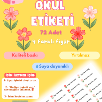 72 Adet Pembe Çiçek Temalı Kişiye Özel Okul Etiketi İsim Yazılabilen Etiket Kalem Defter