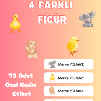 72 Adet Hayvan Temalı Kişiye Özel Okul Etiketi İsim Yazılabilen Etiket Kalem Defter Etiket