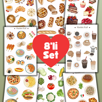 8li Dünya Yemekleri Sticker Seti, Planner Etiket, Çıkartma, Çoklu Sticker, Journal Sticker