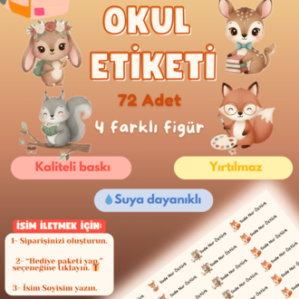 72 Adet Tatlı Hayvan Temalı Kişiye Özel Okul Etiketi İsim Yazılabilen Etiket Kalem Defter