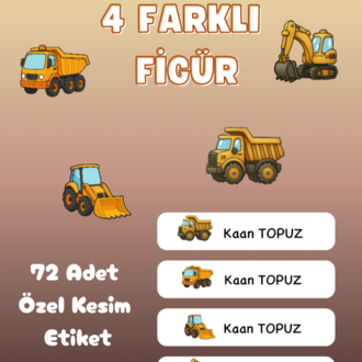 72 Adet İnşaat Temalı Kişiye Özel Okul Etiketi İsim Yazılabilen Etiket Kalem Defter Etiket