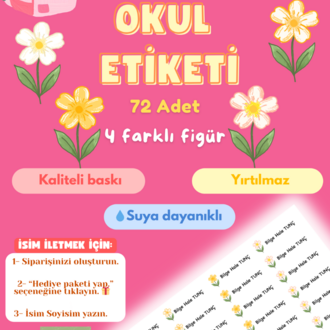 72 Adet Sarı Çiçek Temalı Kişiye Özel Okul Etiketi İsim Yazılabilen Etiket Kalem Defter