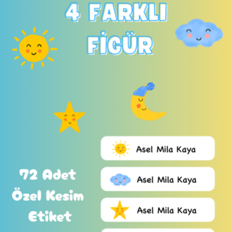 72 Adet Güneş Temalı Kişiye Özel Okul Etiketi İsim Yazılabilen Etiket Kalem Defter Etiket