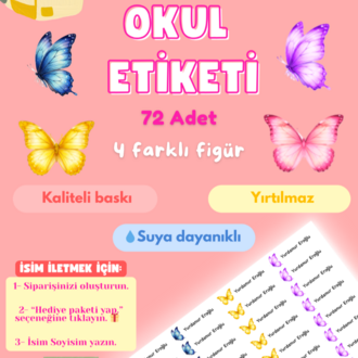 72 Adet Kelebek Temalı Kişiye Özel Okul Etiketi İsim Yazılabilen Etiket Kalem Defter Etiket