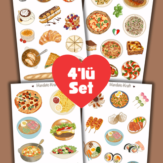 4'lü Dünya Yemekleri Sticker Seti, Planner Etiket, Çıkartma, Çoklu Sticker, Journal Sticker
