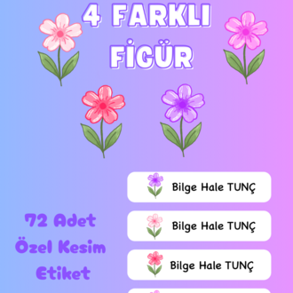 72 Adet Mor Çiçek Temalı Kişiye Özel Okul Etiketi İsim Yazılabilen Etiket Kalem Defter Etiket