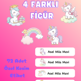 72 Adet Unicorn Temalı Kişiye Özel Okul Etiketi İsim Yazılabilen Etiket Kalem Defter Etiket