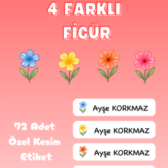 72 Adet Çiçek Temalı Kişiye Özel Okul Etiketi İsim Yazılabilen Etiket Kalem Defter Etiket