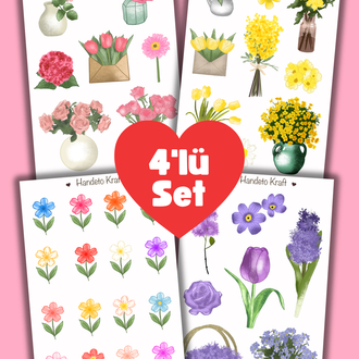 Çiçek temalı 4lü Çoklu Sticker Seti, 8x12 cm, çıkartma, bullet journal, scrapbook, etiket