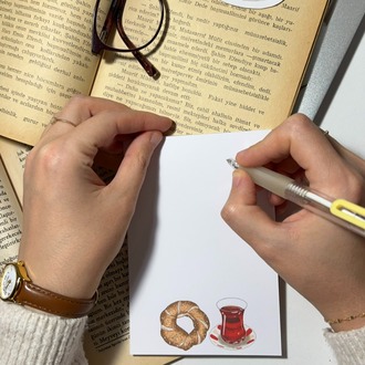 Simit ve çay temalı notepad /Çek kopar not defteri, A6 boyutu, 40 sf., Tutkallı bloknot
