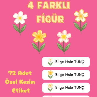 72 Adet Sarı Çiçek Temalı Kişiye Özel Okul Etiketi İsim Yazılabilen Etiket Kalem Defter