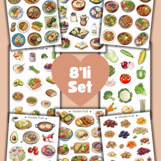 8'lü Sağlıklı Yemekler ve Diyet Sticker Seti, Planner Etiket, Çıkartma, Ajanda Sticker