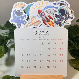 Uzay Temalı Ahşap Ayaklı Özel Tasarım Takvim 2026 Takvim Masa Takvimi Yılbaşı