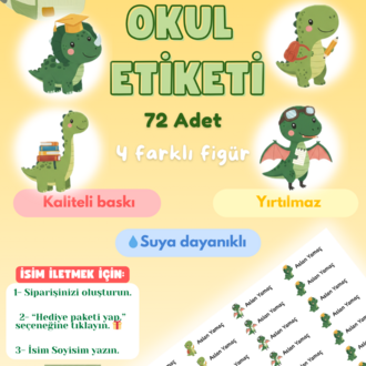 72 Adet Dinozor Temalı Kişiye Özel Okul Etiketi İsim Yazılabilen Etiket Kalem Defter Etiket