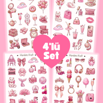 4'lü Pink Aesthetic Sticker Seti, Planner Etiket, Çıkartma, Çoklu Sticker, Journal Sticker