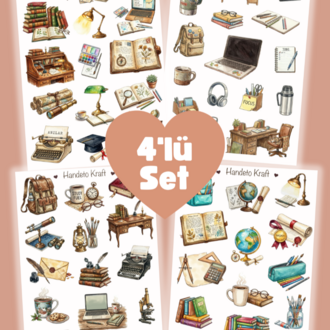 4'lü Vintage Ders Çalışma Sticker Seti, Planner Etiket, Çıkartma
