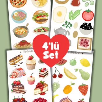 Yiyecek temalı 4lü Çoklu Sticker Seti, 8x12 cm, çıkartma, bullet journal, scrapbook, etiket