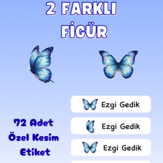 72 Adet Mavi Kelebek Kişiye Özel Okul Etiketi İsim Yazılabilen Etiket Kalem Defter Etiket