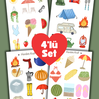Mevsim temalı 4lü Çoklu Sticker Seti, 8x12 cm, çıkartma, bullet journal, scrapbook, etiket